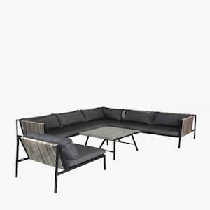 5-Piece PE Rope Metal Outdoor Sectional Set with Square Table, Gray Cushions, Patio Breathable Sofa Set