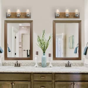 Industrial 20 in. 3-Light Brushed Aged Silver Vanity Light Farmhouse Faux Wood Bathroom Wall Sconce with Clear Glass