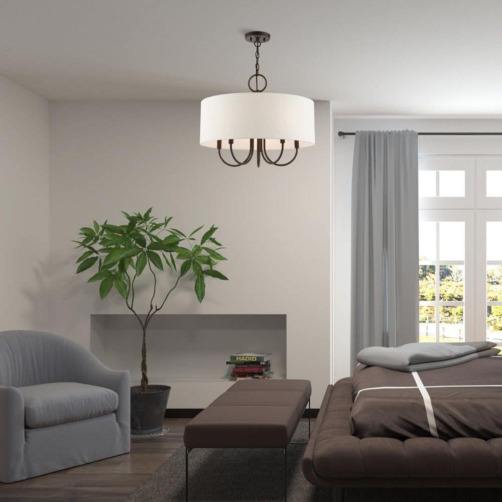 Blossom English Bronze 5-Light Pendant with Oatmeal Shade