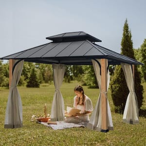 12 ft. x 14 ft. Outdoor Heavy-Duty Hard Top Gazebo Double Roof Shade And Rain Protection with Mesh