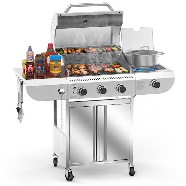 34,000 BTU 3-Burner Propane Gas Stainless Steel Grill with Side Stand and Wheels