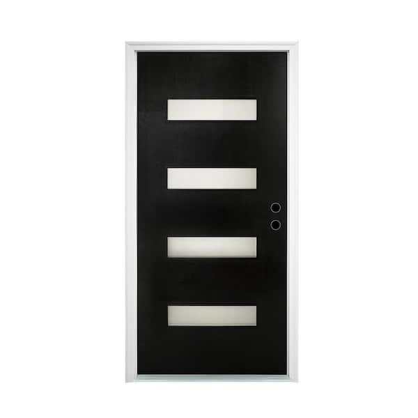 36 in. x 80 in. 4 Lite Left-Hand Frosted Glass Finish Black Fiberglass Prehung Front Door with Threshold, Hinges
