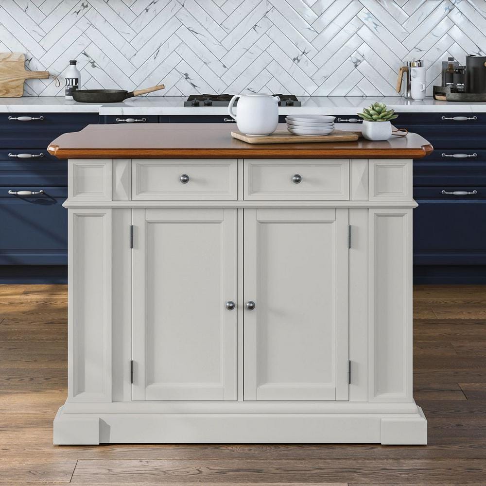 Crisp White and Distressed Oak Finish Spacious Kitchen Island