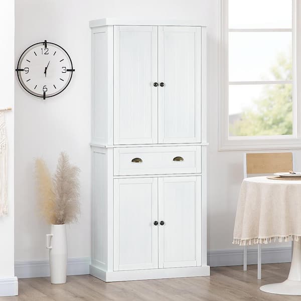 HOMCOM 3-Shelf White 72 in. H Pinewood Large Kitchen Pantry Storage Cabinet, Freestanding Cabinet with Doors