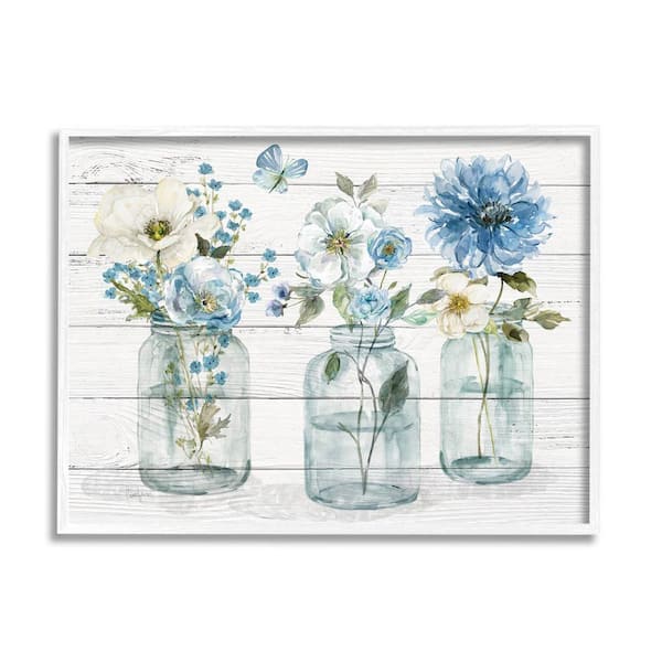The Stupell Home Decor Collection Blue Country Jar Bouquets Design by Livi Finn Framed Nature Art Print 20 in. x 16 in.