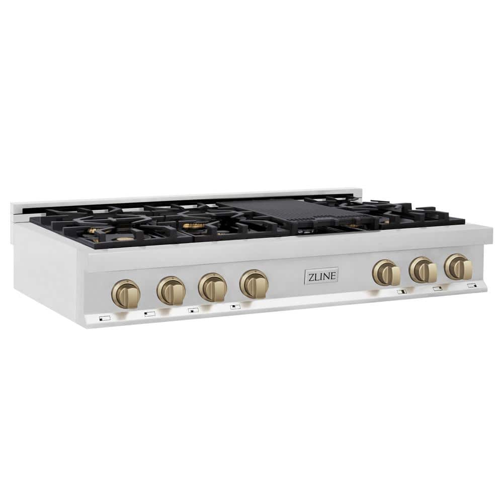 ZLINE Kitchen and Bath Autograph Edition 48 in. 7 Burner Front Control Gas Cooktop with Champagne Bronze Knobs in Stainless Steel, Brushed 430 Stainless Steel & Champagne Bronze