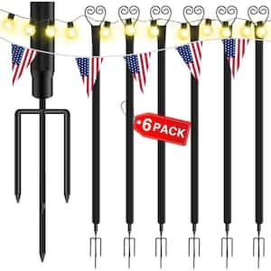 String Light Poles with Hooks, 9 ft. Iron Shepherd's Hooks for Outdoor String Lights in Black (6-Pack)