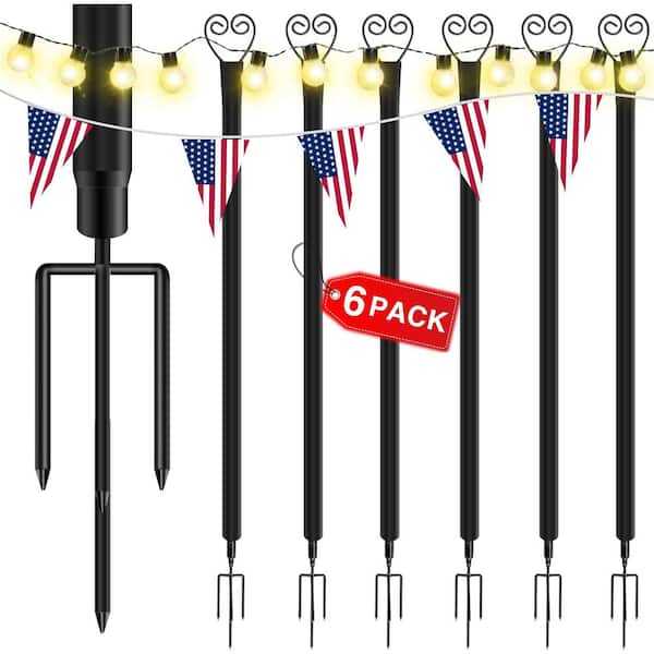 String Light Poles with Hooks, 9 ft. Iron Shepherd's Hooks for Outdoor String Lights in Black (6-Pack)