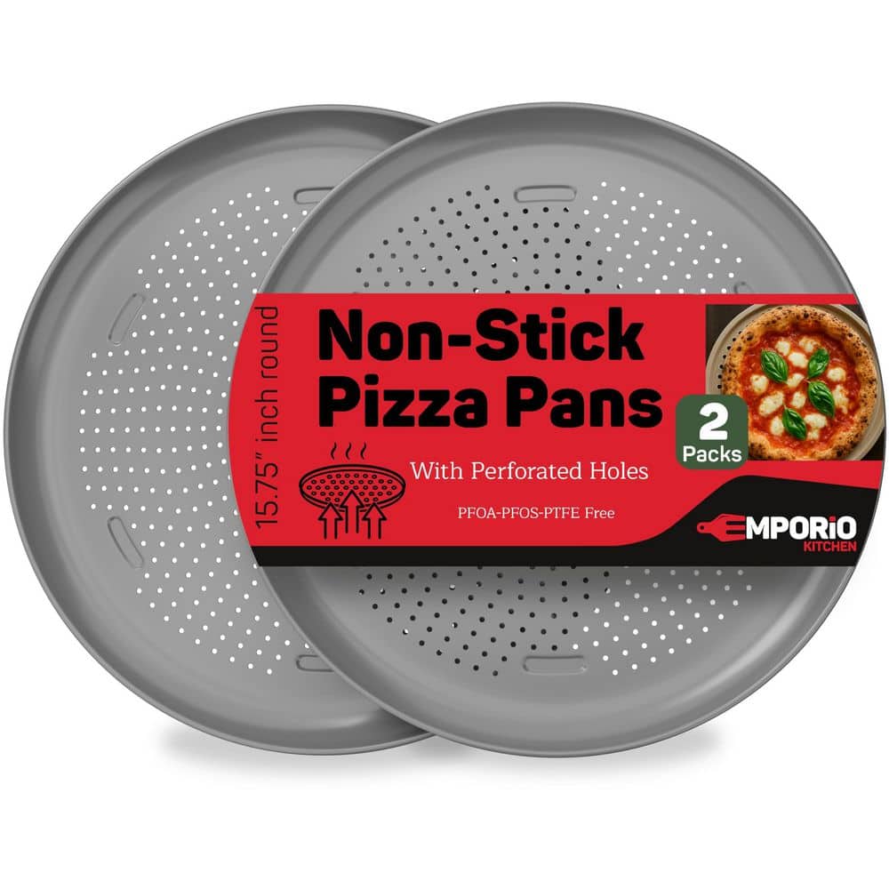 Home Depot- EMPORiO KITCHEN Nonstick Pizza Pan 2-Pack 16 in. Round Carbon Steel Pizza Tray, Oven Safe 450°F, Dishwasher Safe, Silver Coating EMPPIZ0219