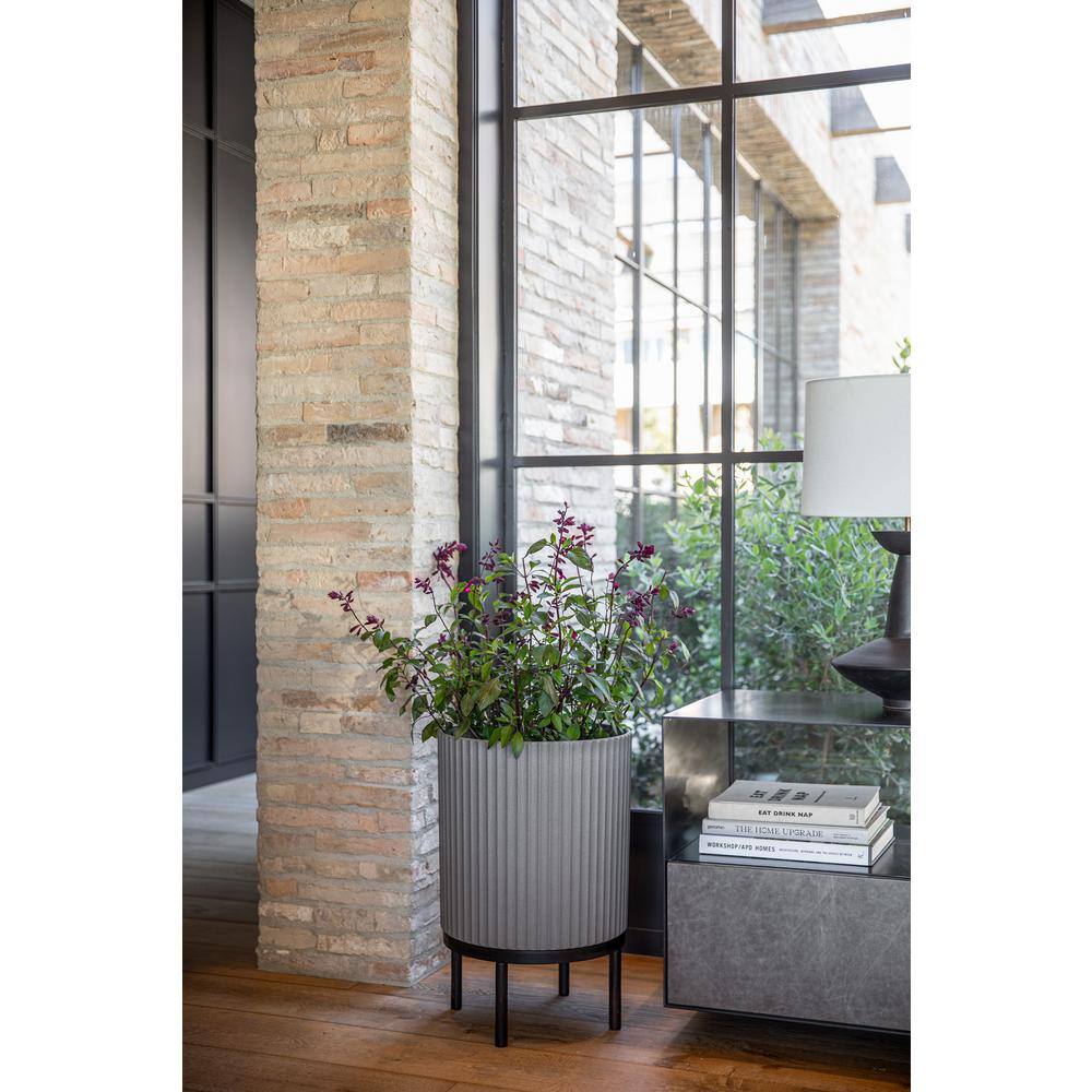 Gray and Black Fluted Planter with Acacia Wood Stand