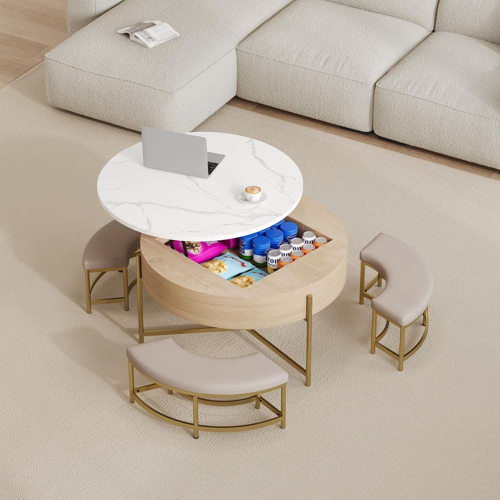 4-Piece White and Natural 31.5 in. Round MDF Lift Top Coffee Table with 3 Upholstered Ottomans and Hidden Storage