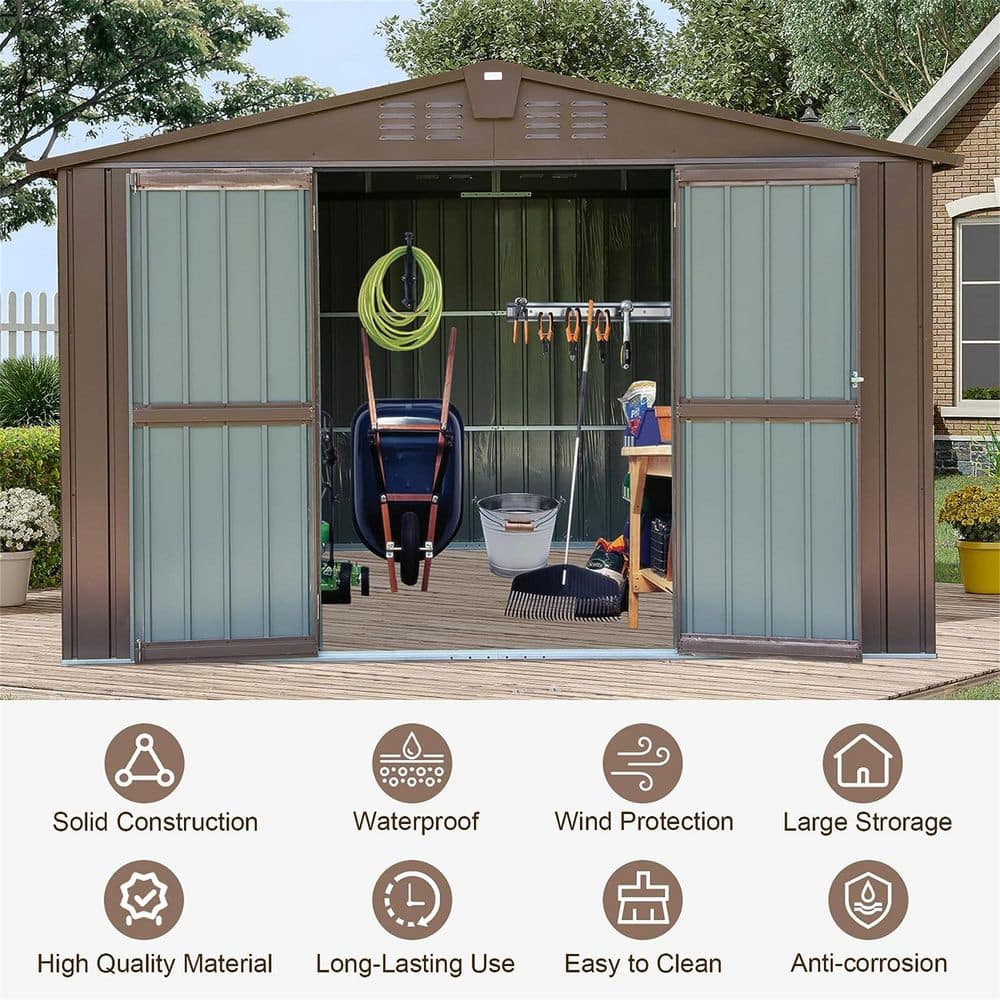 Brown 10 ft. W x 8 ft. D Outdoor Storage Metal Shed with Lockable