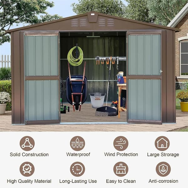 Brown 10 ft. W x 8 ft. D Outdoor Storage Metal Shed with Lockable