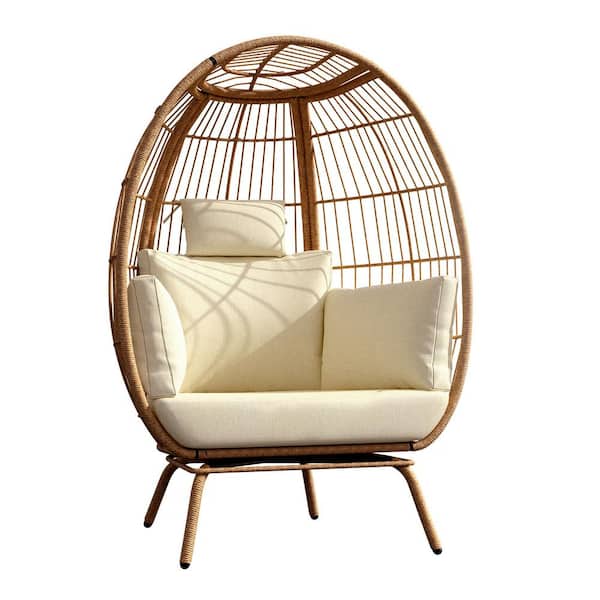 DEXTRUS Yello Wicker Patio Outdoor Egg Chair with Beige Cushion