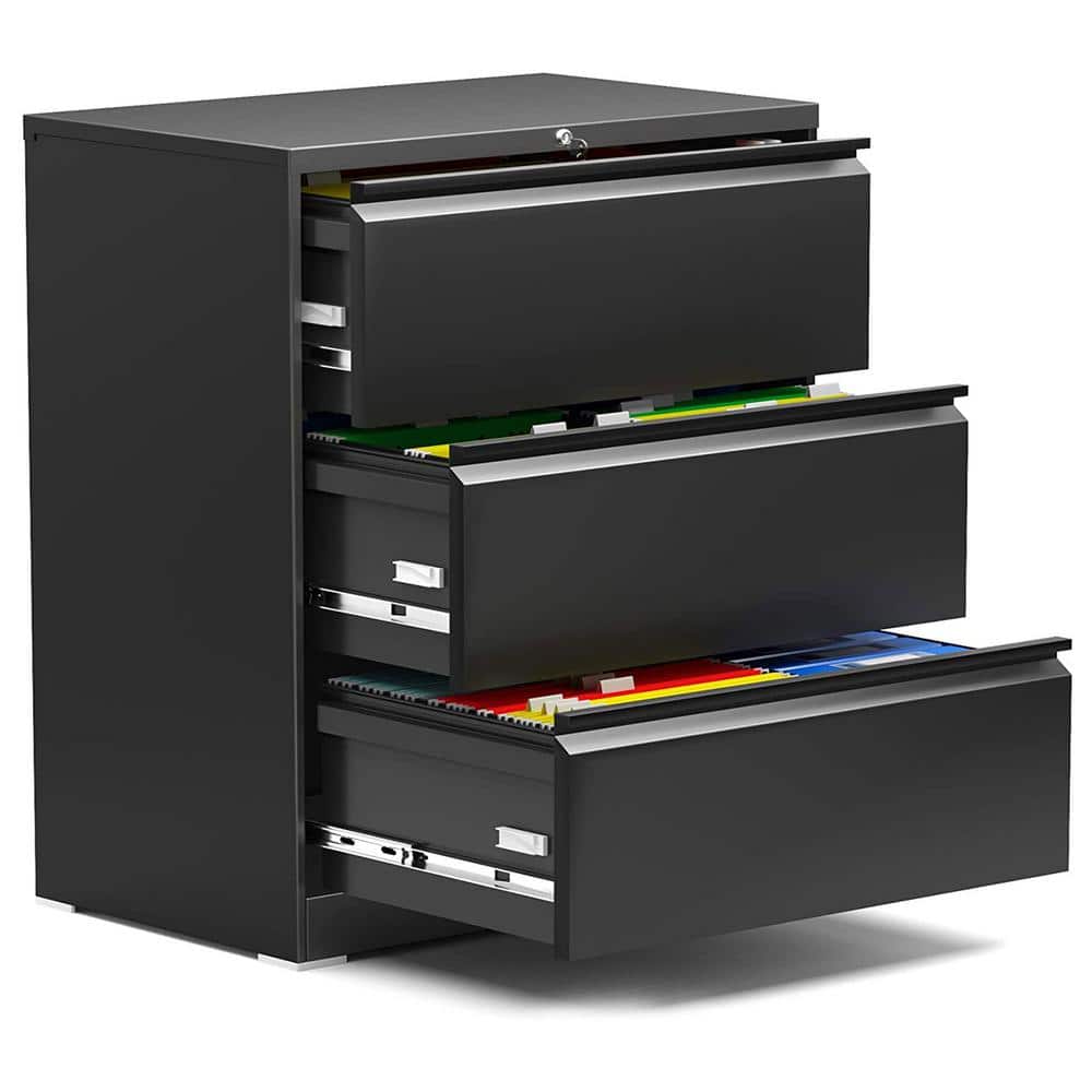 3 Drawer Lateral File Cabinet w/Lock for Letter/Legal Size Paper, Black
