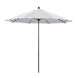 9 ft. Bronze Aluminum Commercial Market Patio Umbrella with Fiberglass Ribs Push Lift in Gray White Cabana Stripe Olefin