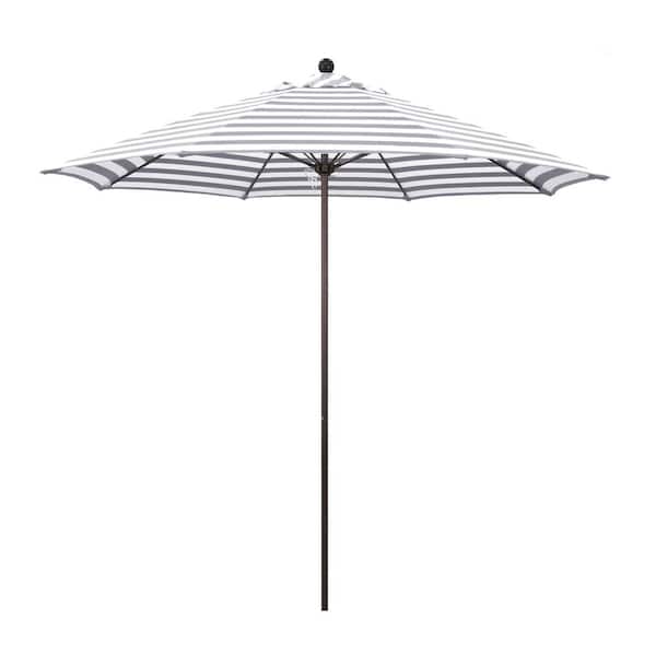 California Umbrella 9 ft. Bronze Aluminum Commercial Market Patio Umbrella with Fiberglass Ribs Push Lift in Gray White Cabana Stripe Olefin