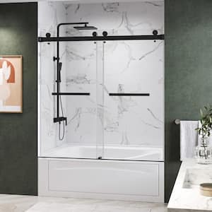 KWCAT 60 in. W x 66 in. H Double Sliding Frameless Tub Door in Matte Black with 3/8 in. Clear Glass