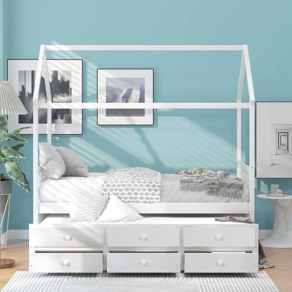 Angel Sar White Wood Twin Daybed With, Twin Daybed With Trundle And Storage Drawers