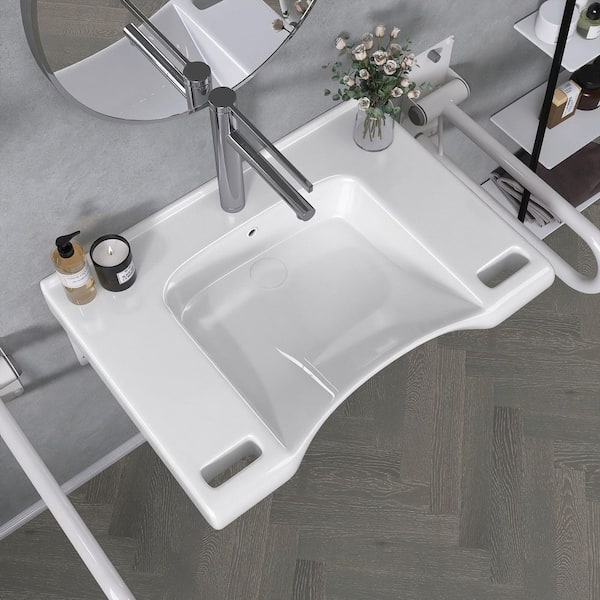 29.5 in Wall-Mounted ADA Compliant Barrier-Free Rectangular Bathroom Sink Lavatory Vessel Ceramic Sink in Glossy White