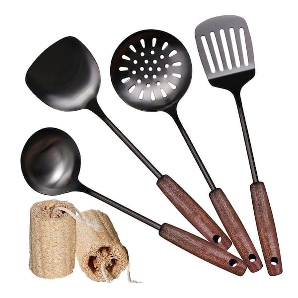 2-Piece Vintage Stainless Steel Wok Spatula and Ladle Set with Wooden Handle, Heat Resistant, Dishwasher Safe
