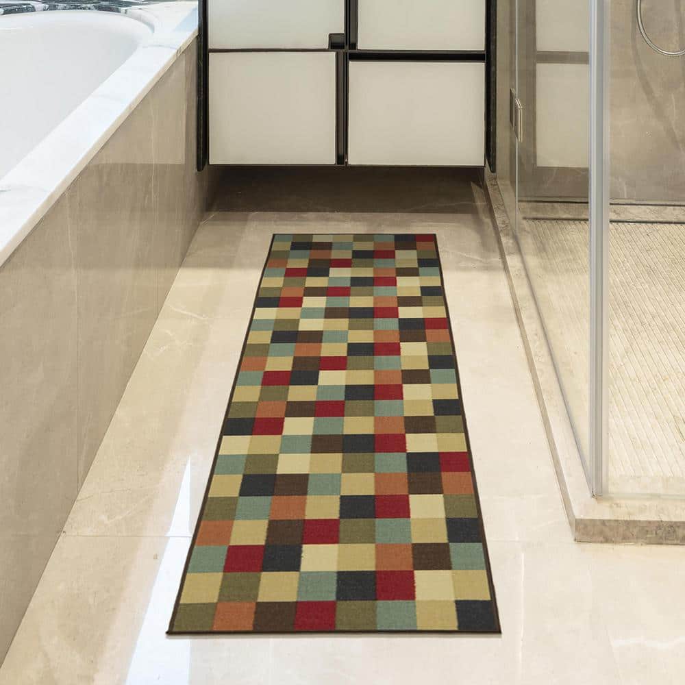 Contemporary Checkered Multicolor Low Pile Runner Rug, 84"L x 22"W