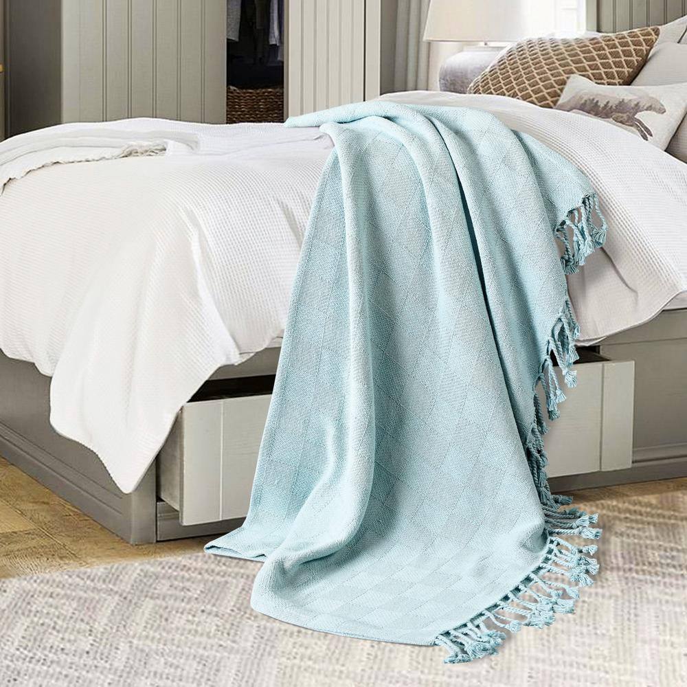 Light Blue Organic Cotton Fringe Throw Blanket 60" x 50"