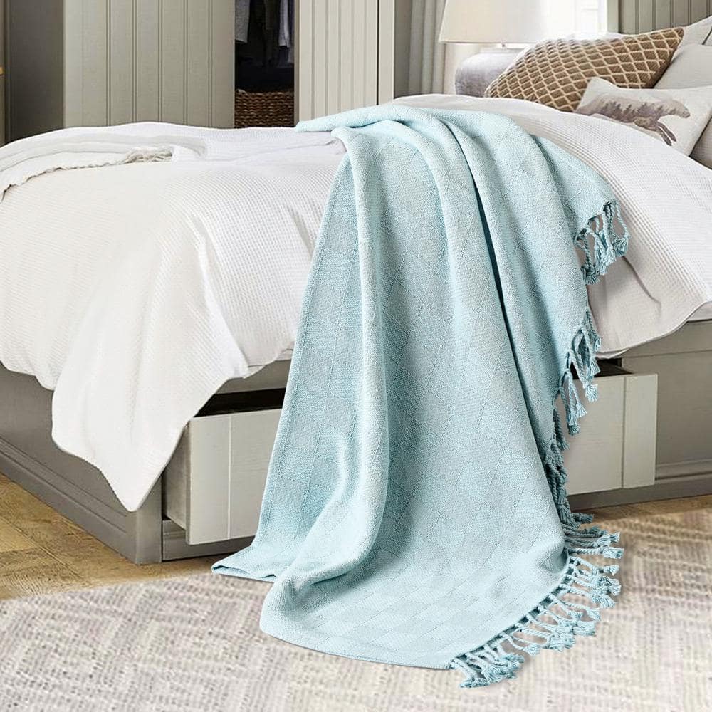 Light Blue Organic Cotton Fringe Throw Blanket 60" x 50"