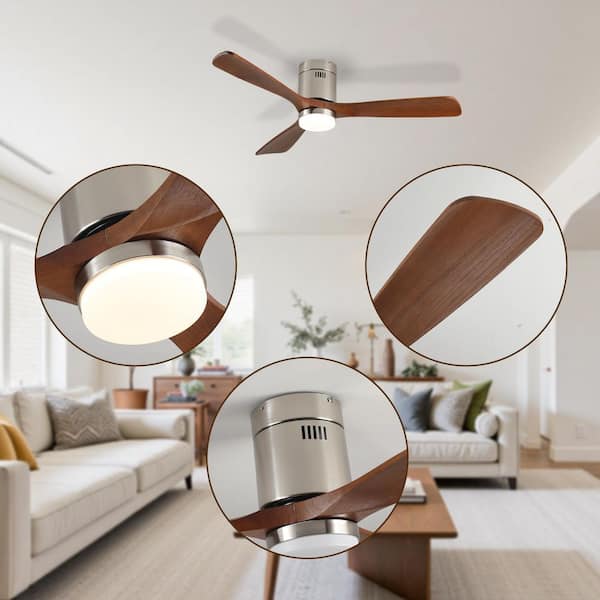 52 in. Nickel Walnut Finish Flush Mount Propeller Integrated LED Ceiling Fan Fixture with Light, 6 Speed and Timer