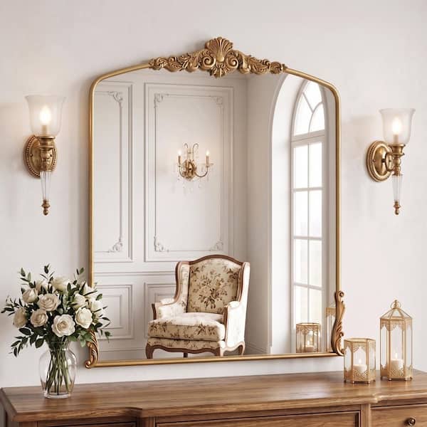37 in. W x 40 in. H Baroque Carved Vintage Gold Arched Framed Wall Bathroom Vanity Mirror
