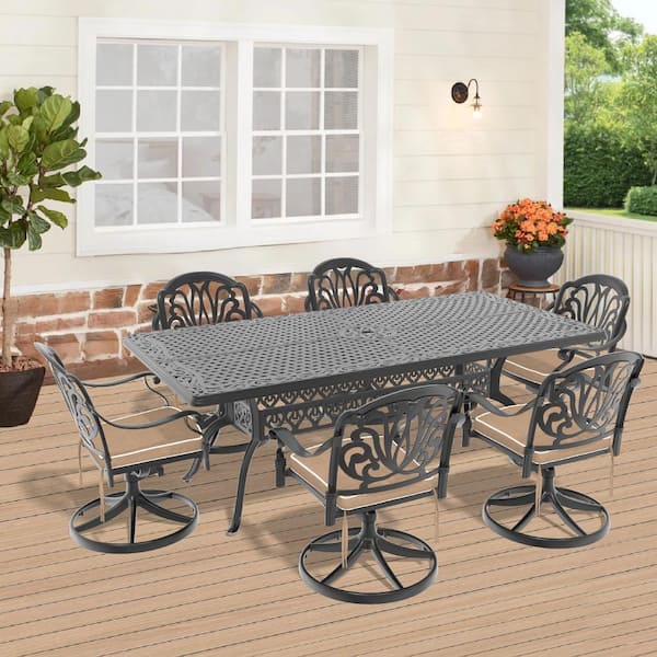 Willit Elizabeth 7-Piece Cast Aluminum Patio Outdoor Dining Set with Rectangle Dining Table,6 Swivel Chairs and 6 Brown Cushion