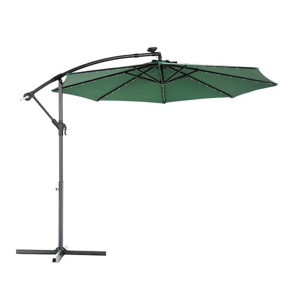 10 ft. Steel Cantilever Solar LED Offset Hanging Market Patio Umbrella in Dark Green
