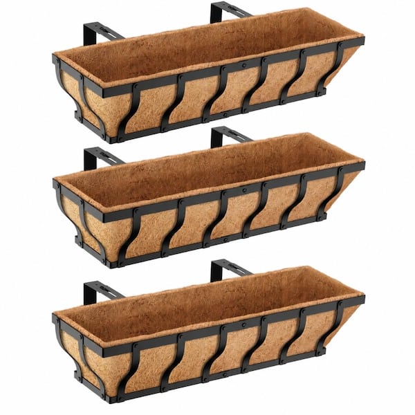24 in. L x 6.1 in. W x 6.1 in. H 3-Pack Iron Railing Planter Box with Coco Liner Adjustable Outdoor Black Rectangular