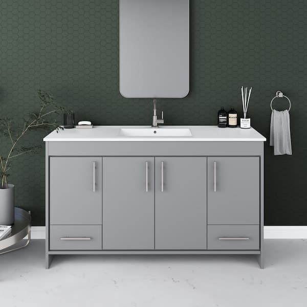 VOLPA USA AMERICAN CRAFTED VANITIES Pacific 60 in. W x 18 in. D x 34 in. H Bath Vanity in Gray with Integrated Ceramic Top and Brushed Nickel Handles