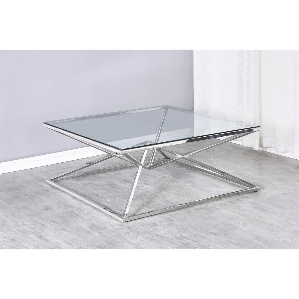 39" Square Clear Glass and Silver Coffee Table