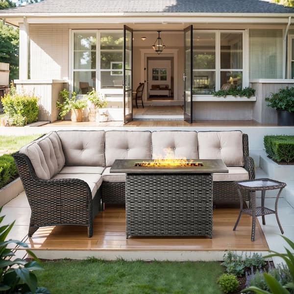 Pocassy L- Brown Rattan Wicker 4-Piece Steel Outdoor Patio Conversation or Patio Fire Pit Set with Beige Cushions