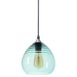 Ripple 8 in. W x 7 in. H 1-Light Silver Hand Blown Glass Pendant Light with Teal Glass Shade