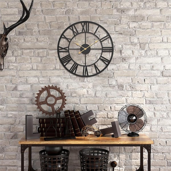 Matte Black Silent Non Ticking Battery Operated Quartz Round Big Rustic  Large Roman Numeral Wall Clock