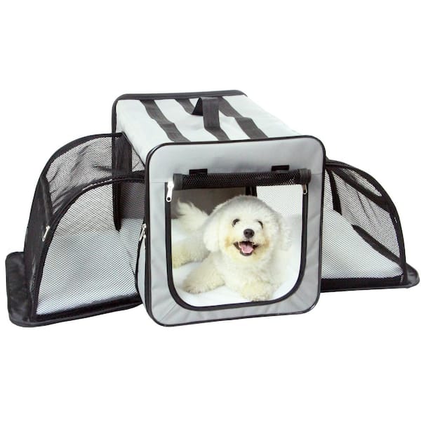 PET LIFE Medium Grey Capacious Dual Expandable Wire Folding Lightweight Collapsible Travel Pet Dog Crate