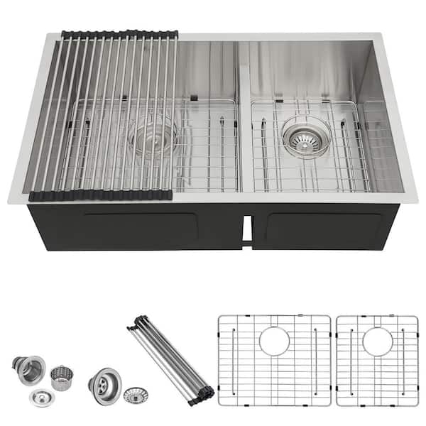 Silver 16-Gauge Stainless Steel 30 in. Double Bowl Undermount Kitchen Sink with Bottom Grid