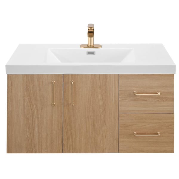 YASINU AeroLux 36 in. W x 19 in. D x 20. 5 in. H Single Sink Floating Natural Wood Bath Vanity with White Resin Integral Top