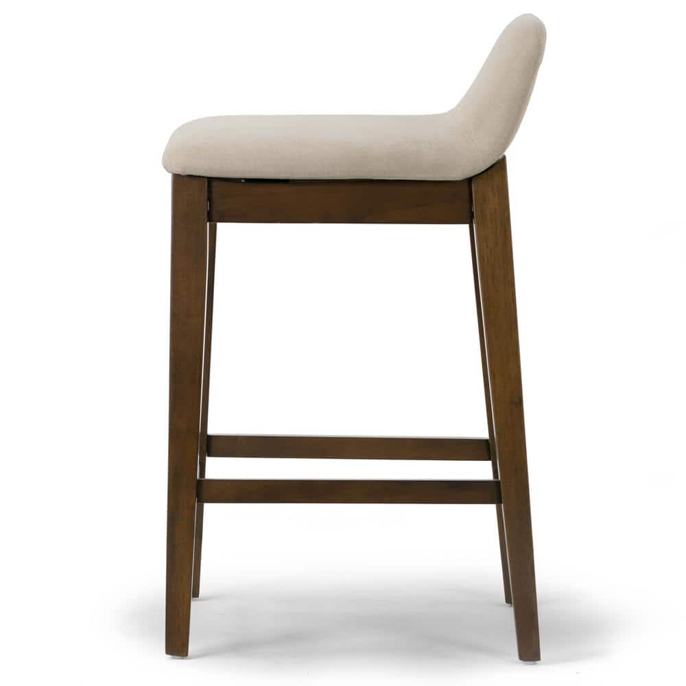 Set of 2 Dark Brown Wood Counter Stools with Beige Fabric Seats