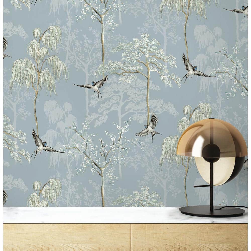 Light Blue Bird Garden Peel and Stick Wallpaper