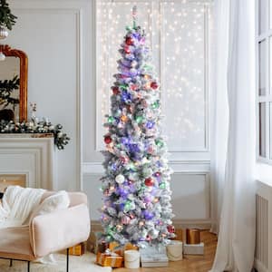 6.5 ft. Pre-Lit LED Pencil Slim Flocked Artificial Christmas Tree with Multi-Color Light