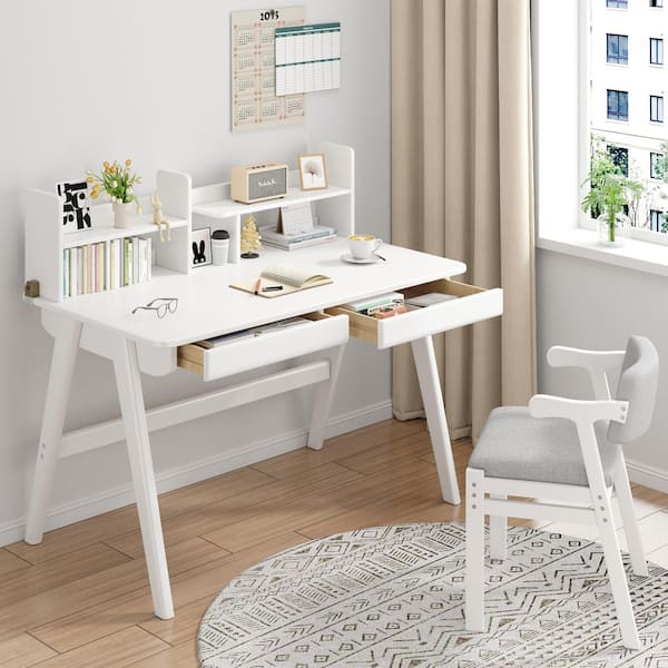 2-Piece Rubber Wood Top White Kids Study Desk Sets with Bookshelf, Study/Writing Table for Bedroom Home Office