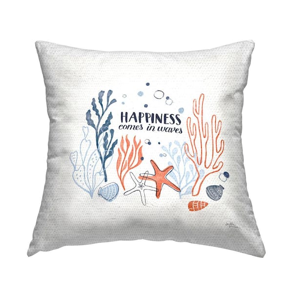 Stupell Industries Happiness Quote Seashell Coral Outlines Blue Square Outdoor Throw Pillow