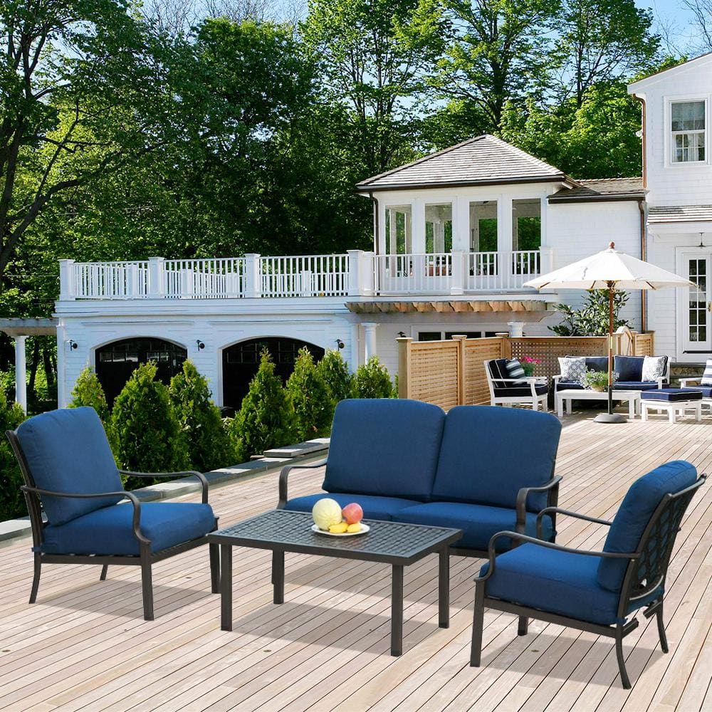 4-Piece Metal Patio Conversation Set with Removable Navy Blue Cushions for 