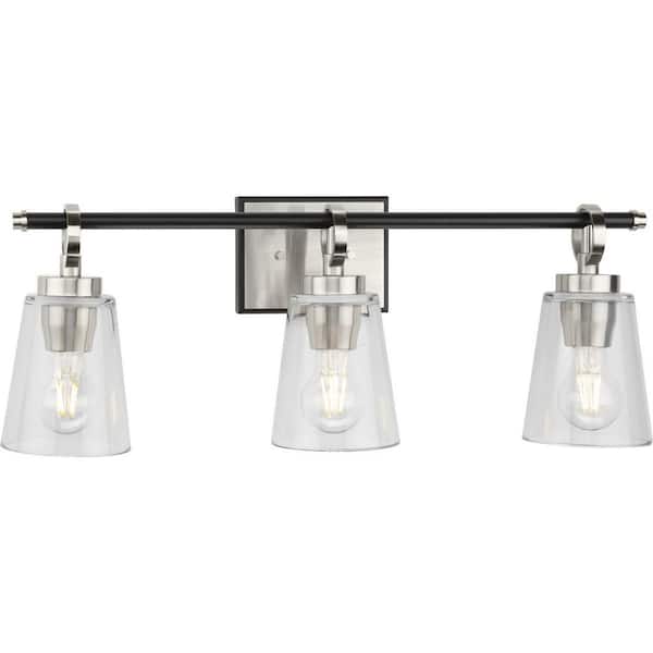 Progress Lighting Cassell 24.12 in. 3-Light Brushed Nickel and Matte Black Vanity Light with Clear Glass Shades for Bathroom
