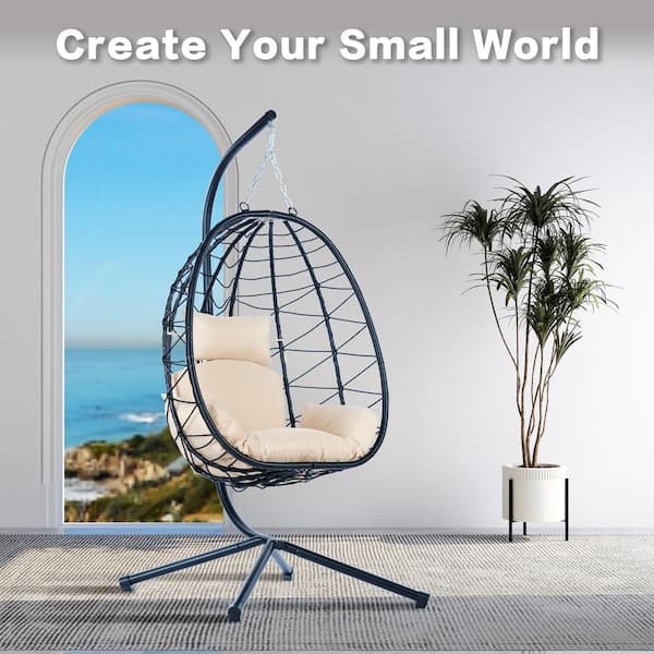Egg Chair with Stand, Indoor and Outdoor Swing Chair, Patio Rattan Hanging Egg Chair Suitable for Bedroom, Living Room