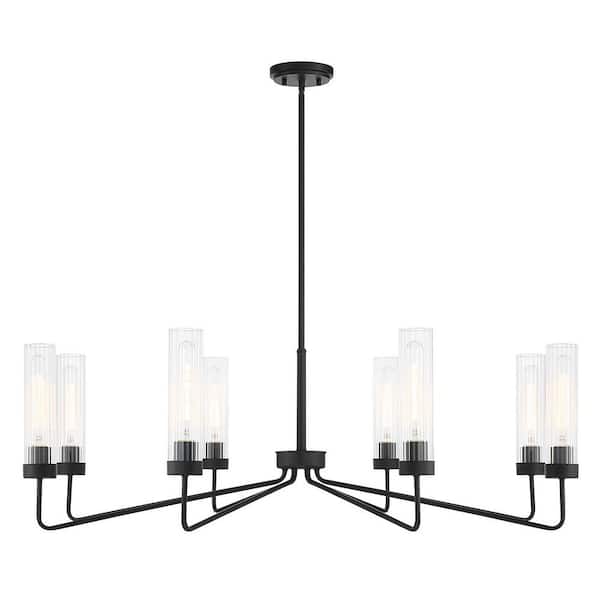 Baker 44 in. W x 14 in. H 8-Light Matte Black Contemporary Chandelier with Clear Ribbed Glass Shades